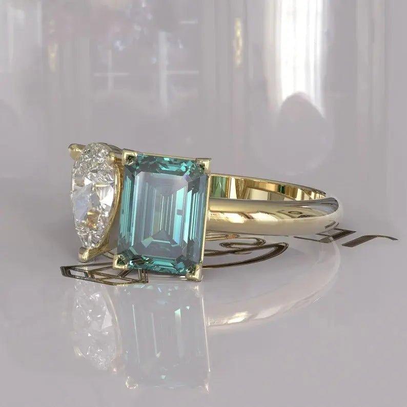 Cyan Blue Emerald Cut Toi Et Moi Moissanite Ring  customdiamjewel   