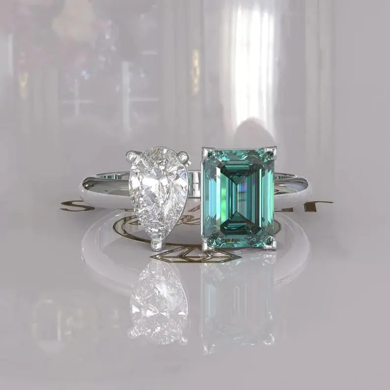 Cyan Blue Emerald Cut Toi Et Moi Moissanite Ring  customdiamjewel 10KT White Gold VVS-EF