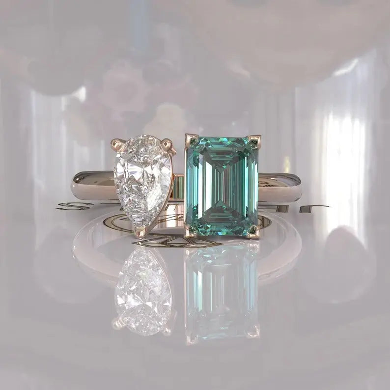 Cyan Blue Emerald Cut Toi Et Moi Moissanite Ring  customdiamjewel 10KT Rose Gold VVS-EF