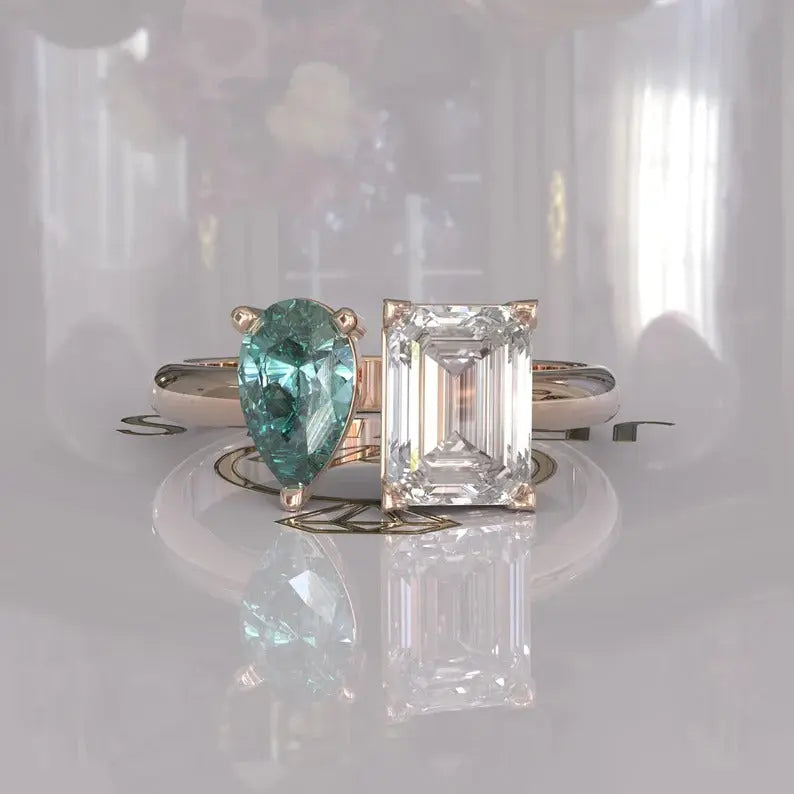 Cyan Blue Pear Toi Et Moi Moissanite Ring  customdiamjewel 10KT Rose Gold VVS-EF