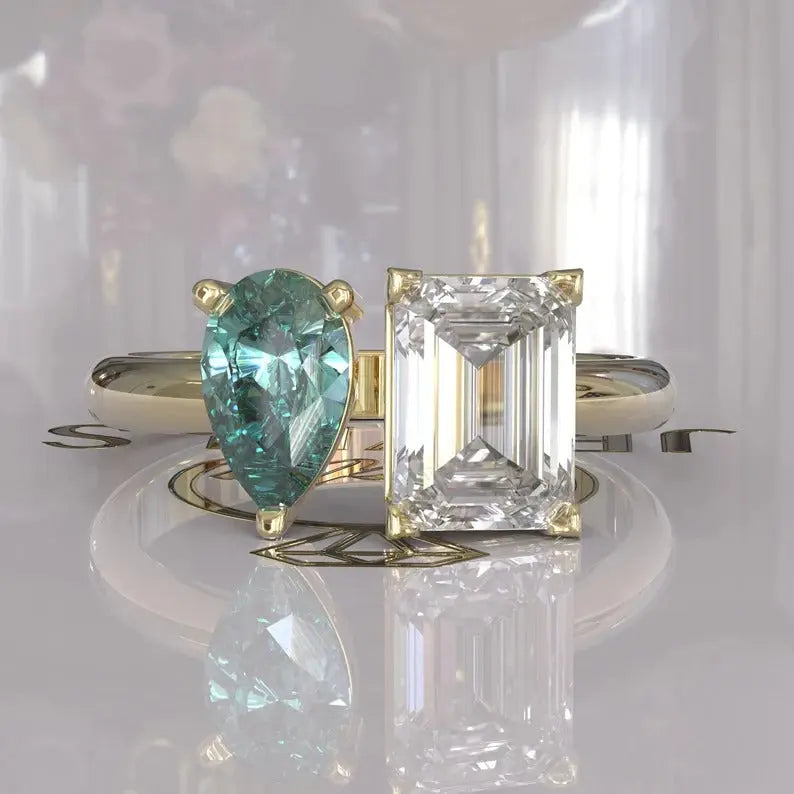 Cyan Blue Pear Toi Et Moi Moissanite Ring  customdiamjewel 10KT Yellow Gold VVS-EF