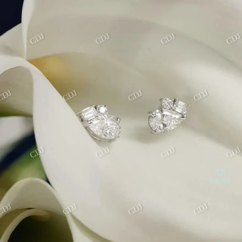 Pear, Emerald And Round Cut Cluster Moissanite Diamond Stud Earrings  customdiamjewel   