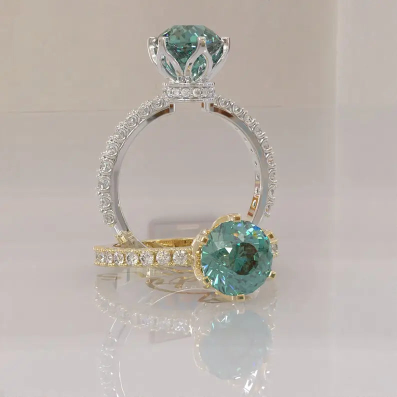 Cyan Blue Portuguese Cut Colorless Moissanite Ring  customdiamjewel   