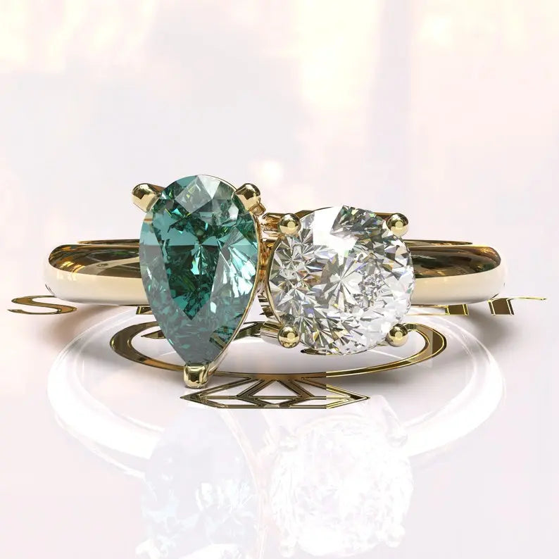 Toi Et Moi Cyan Blue Pear Cut Moissanite Ring  customdiamjewel 10KT Yellow Gold VVS-EF