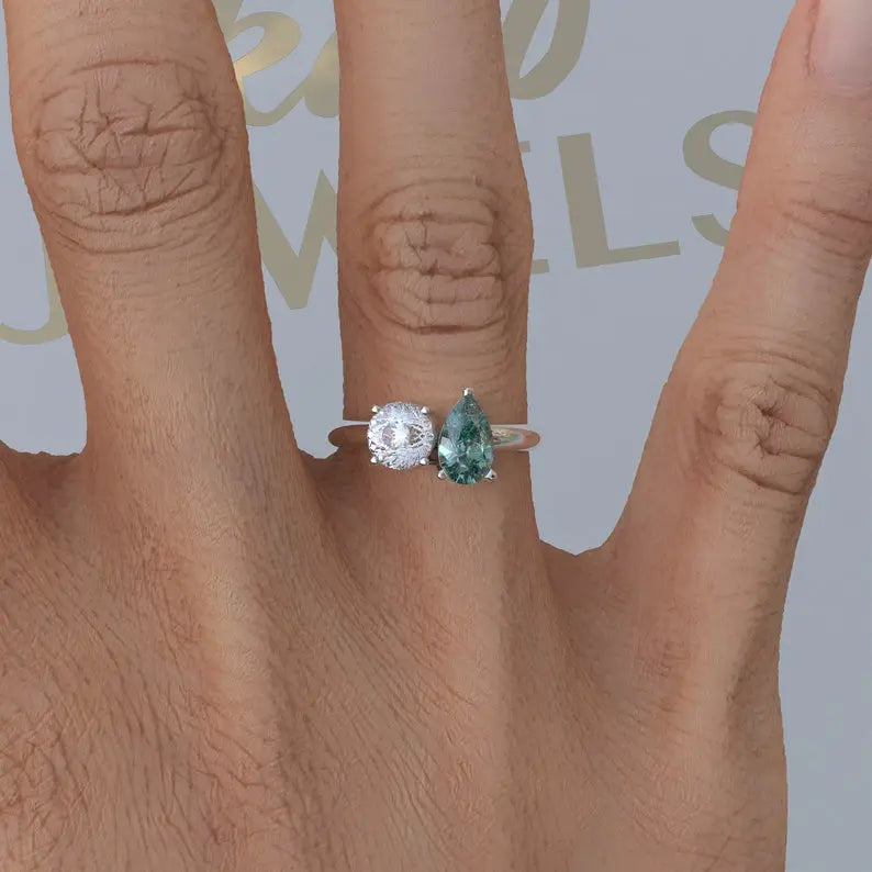 Toi Et Moi Cyan Blue Pear Cut Moissanite Ring  customdiamjewel   