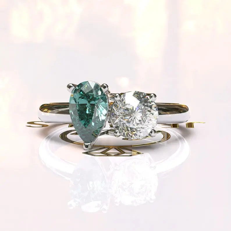 Toi Et Moi Cyan Blue Pear Cut Moissanite Ring  customdiamjewel 10KT White Gold VVS-EF