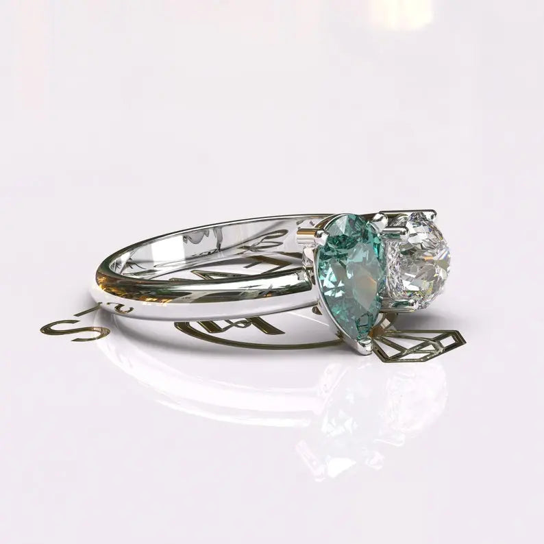 Toi Et Moi Cyan Blue Pear Cut Moissanite Ring  customdiamjewel   