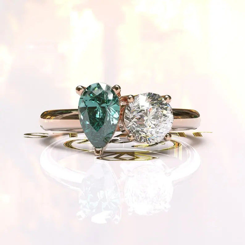 Toi Et Moi Cyan Blue Pear Cut Moissanite Ring  customdiamjewel 10KT Rose Gold VVS-EF