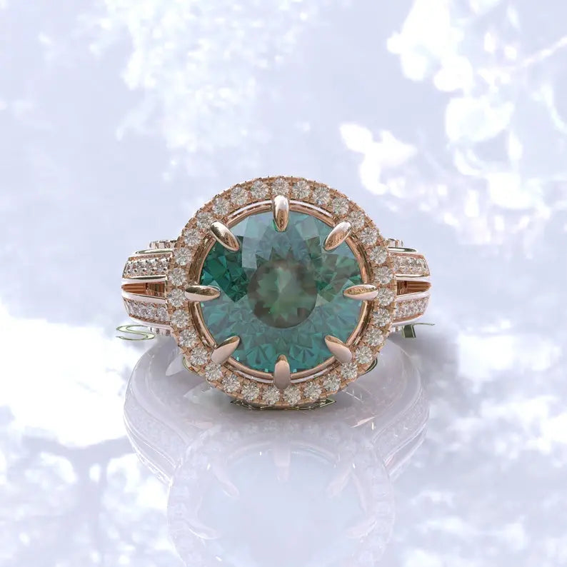 Art Deco Cyan Blue Portuguese Cut Moissanite Ring  customdiamjewel 10KT Rose Gold VVS-EF