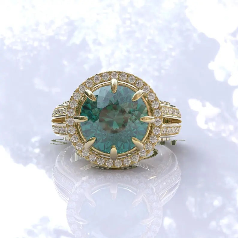 Art Deco Cyan Blue Portuguese Cut Moissanite Ring  customdiamjewel 10KT Yellow Gold VVS-EF