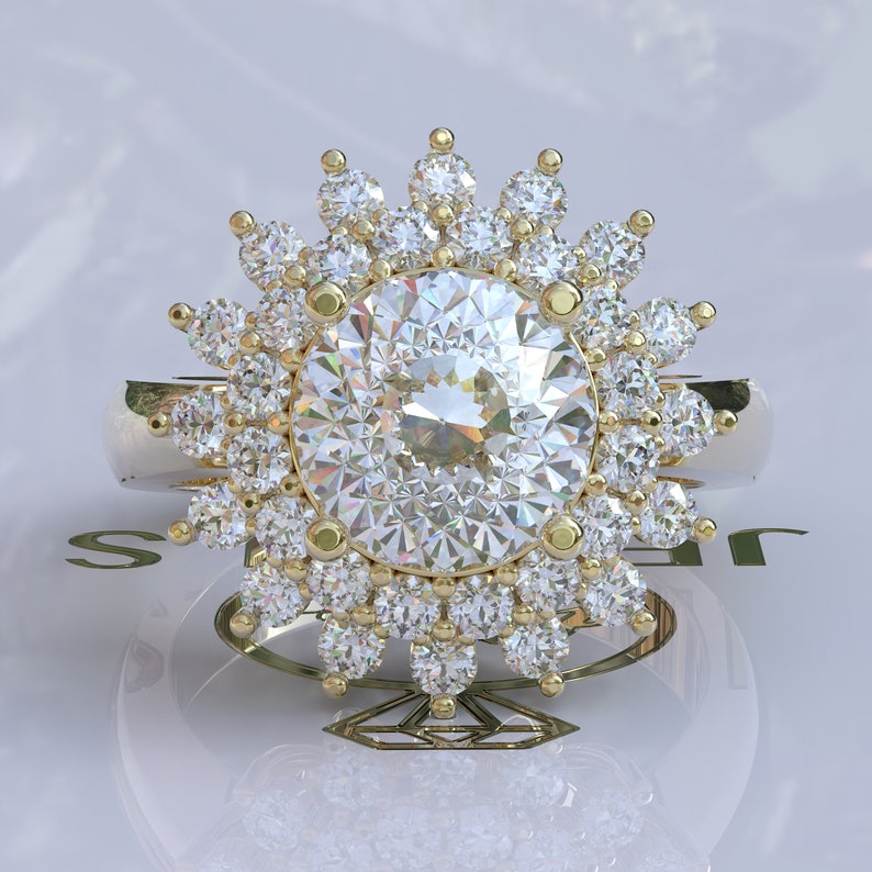 Double Halo Portuguese Cut Colorless Moissanite Ring  customdiamjewel 10KT Yellow Gold VVS-EF