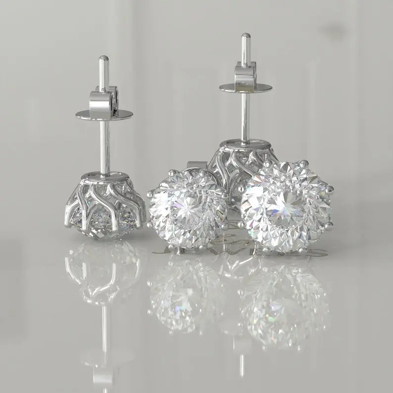 Portuguese Cut Moissanite Stud Earrings  customdiamjewel 10KT White Gold VVS-EF