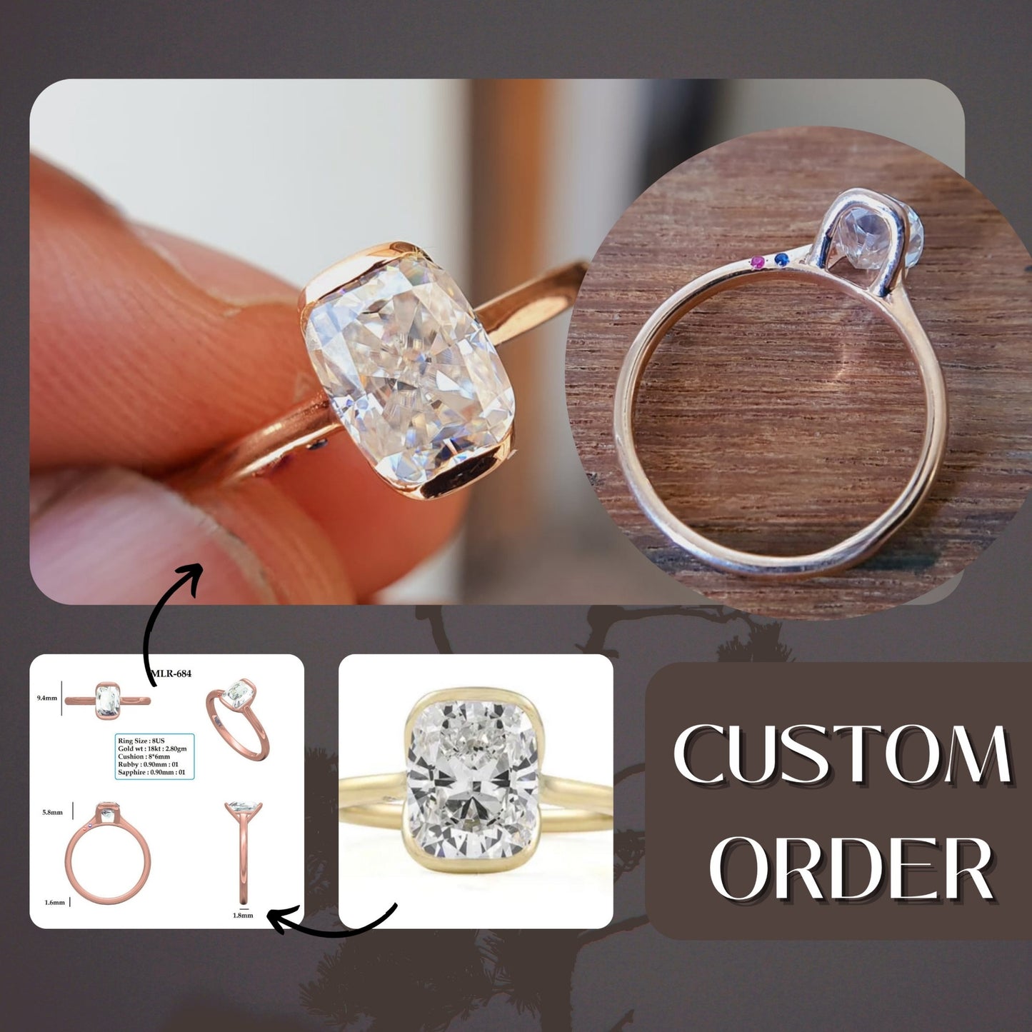 Half Bezel Set Crushed Iced Elongated Cushion Moissanite Ring  customdiamjewel   