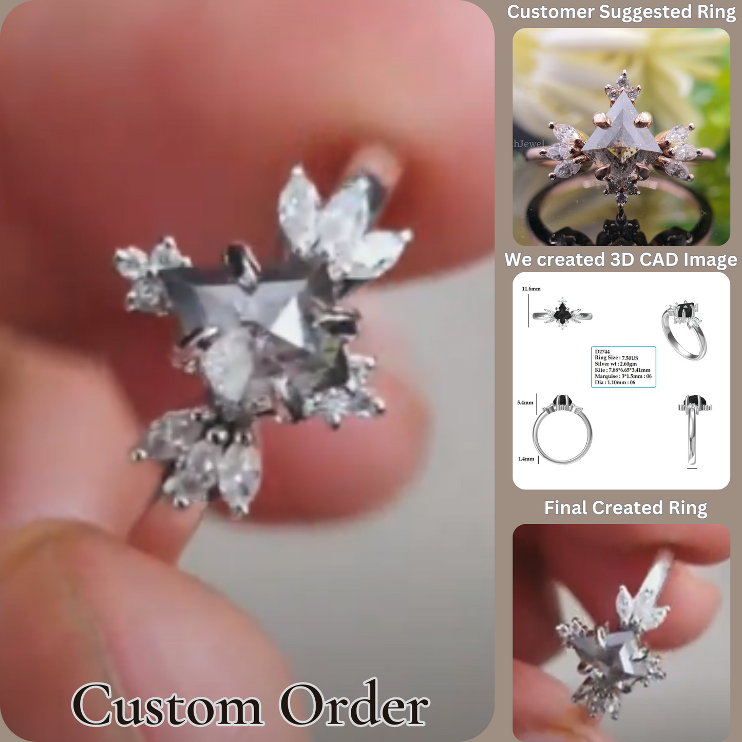 Kite Cut salt and Pepper Moissanite Floral Wedding Engagement Ring  customdiamjewel   