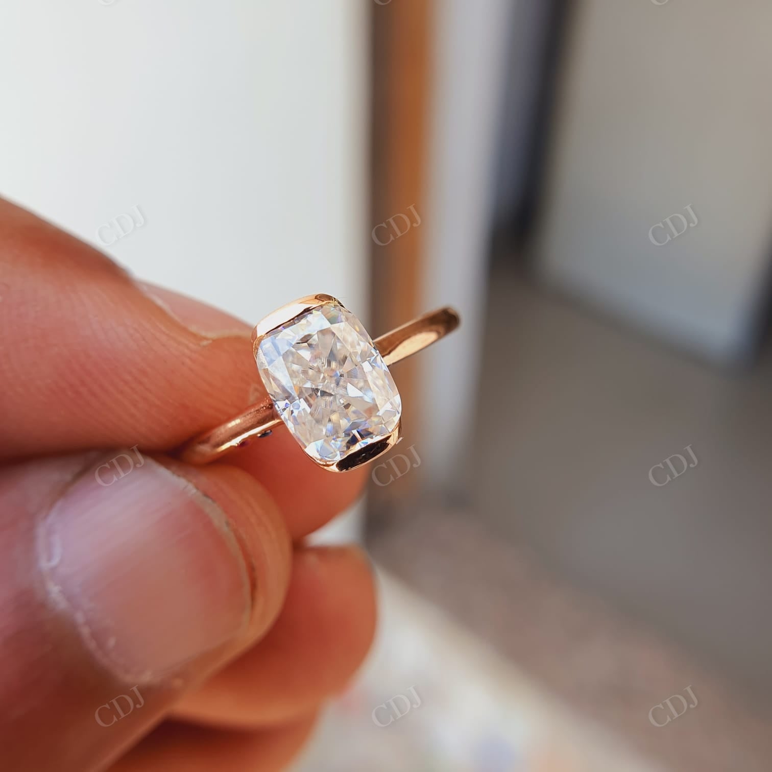 Half Bezel Set Crushed Iced Elongated Cushion Moissanite Ring  customdiamjewel   