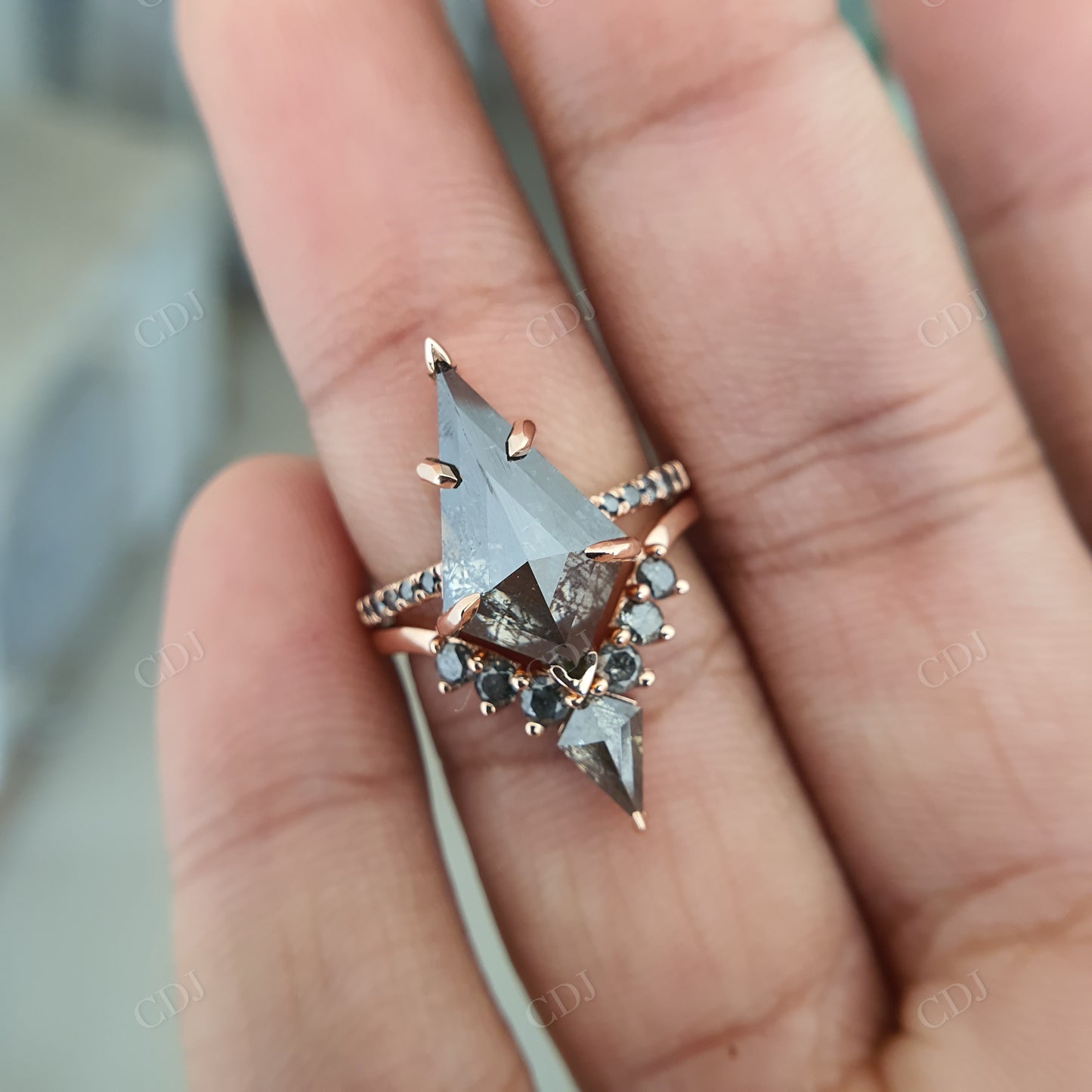 Large Kite Salt and Pepper Moissanite Engagement Ring Set  customdiamjewel   