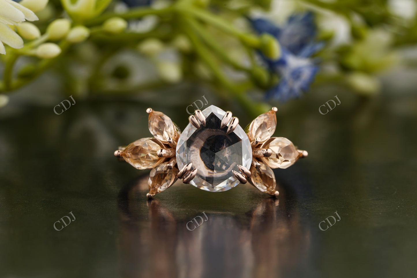 Rose Cut Pear With flat Back Colorless Moissanite Cluster Ring  customdiamjewel 10KT Rose Gold VVS-EF