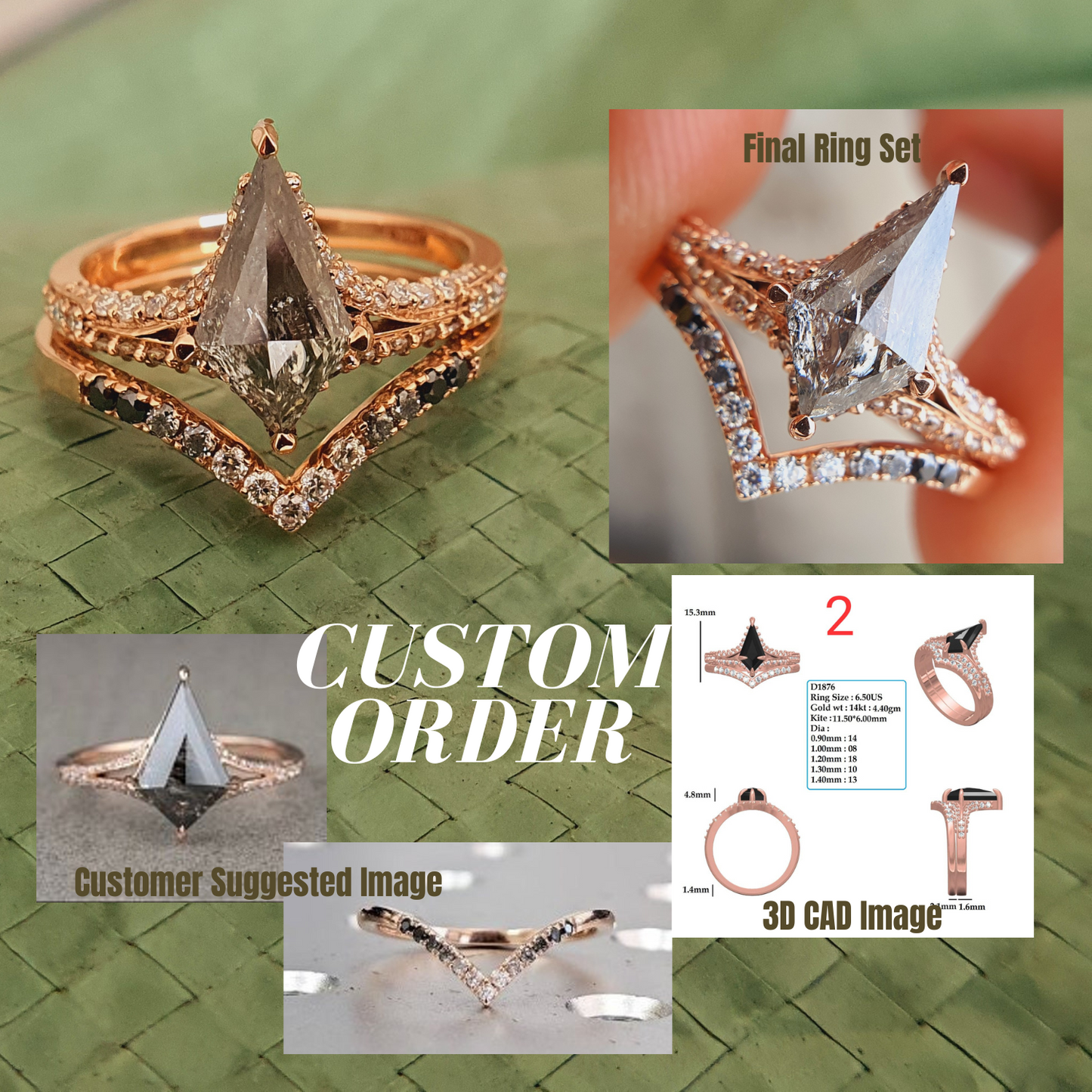 Salt And Pepper Kite Cut Moissanite Bridal Ring Set  customdiamjewel   