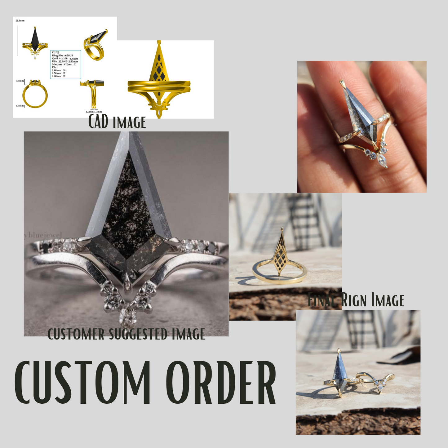 Darker Kite Cut salt and pepper Moissanite Bridal Ring Set  customdiamjewel   