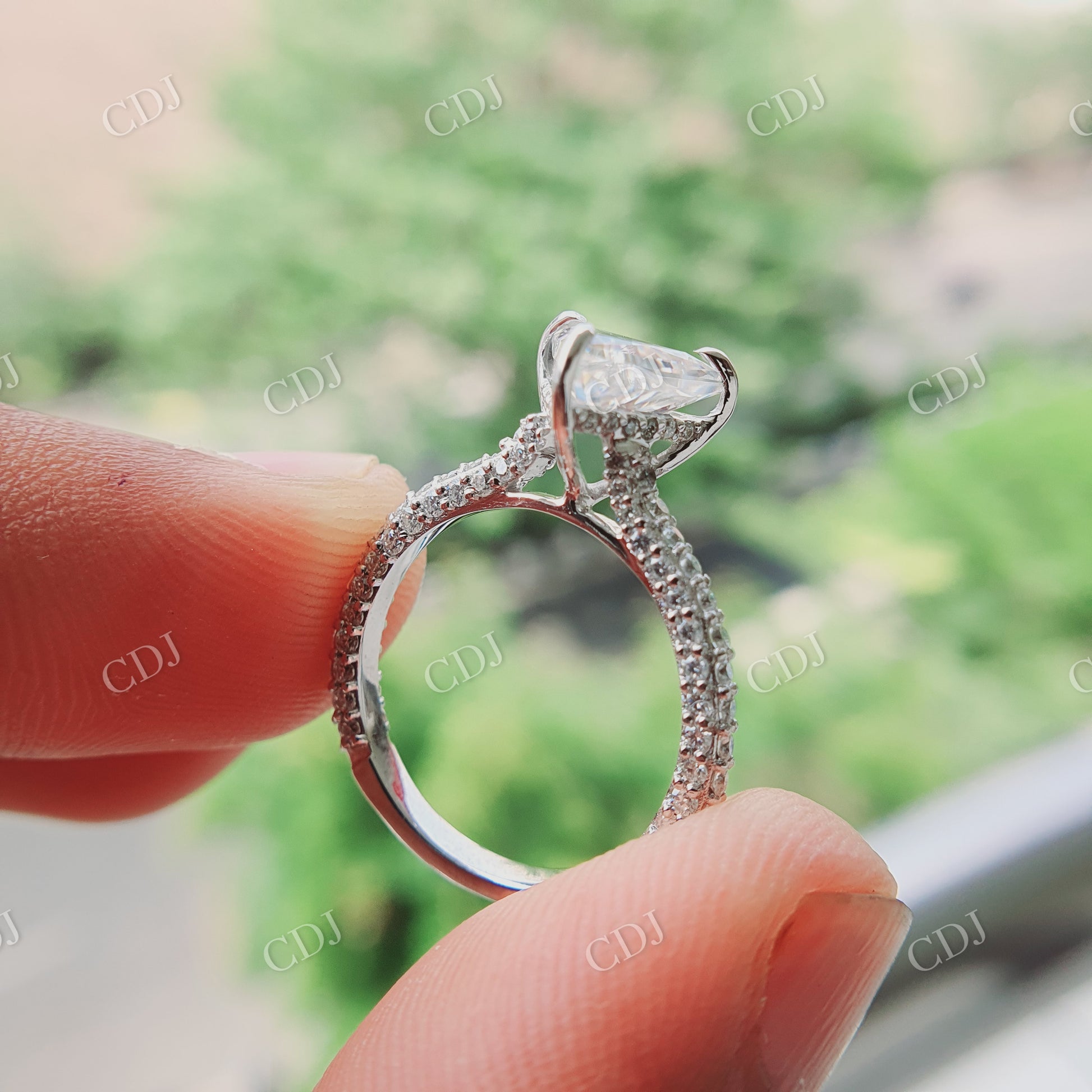 1.5 CT Triangle Cut White Colorless Stone and Side Round Cut White Colorless Stones Wedding Ring 10K White Gold  customdiamjewel   