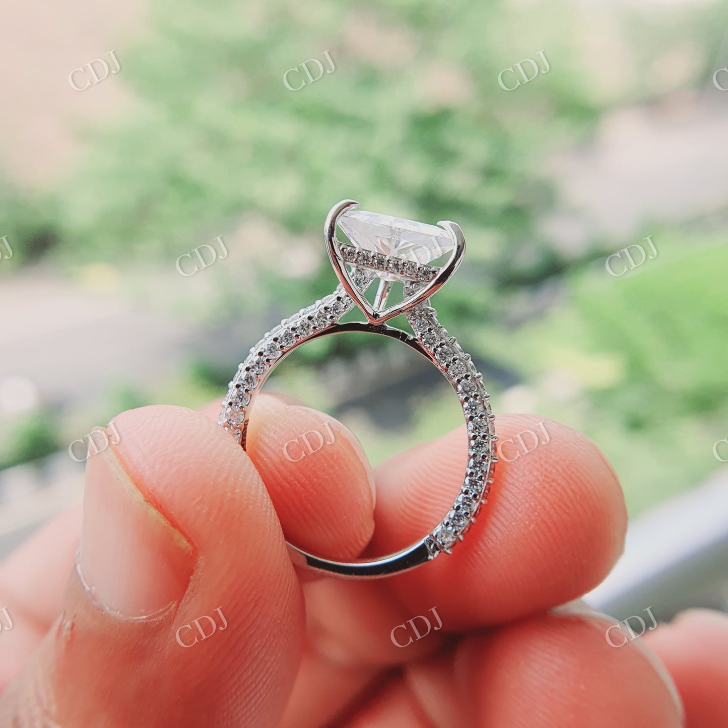 1.5 CT Triangle Cut White Colorless Stone and Side Round Cut White Colorless Stones Wedding Ring 10K White Gold  customdiamjewel   