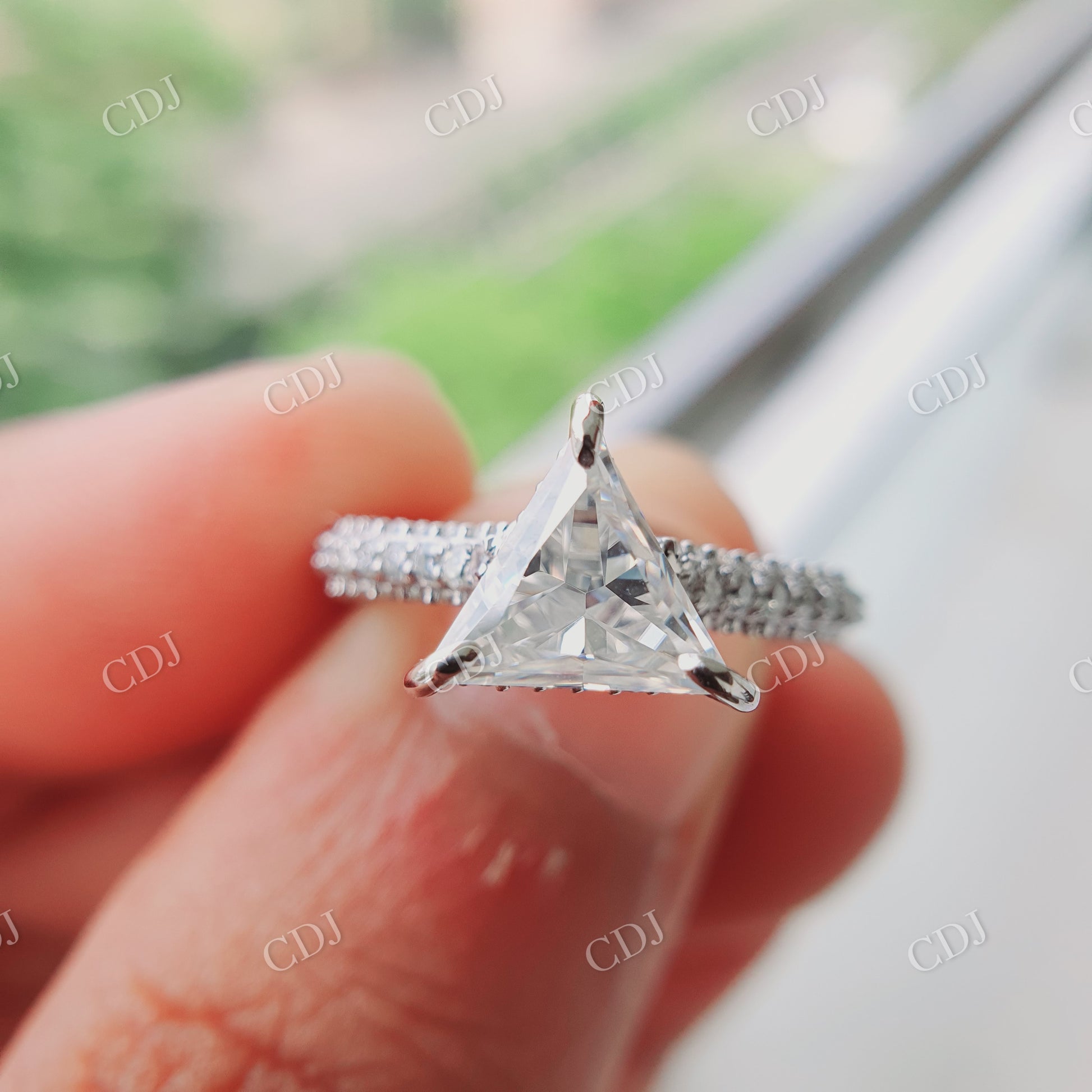 1.5 CT Triangle Cut White Colorless Stone and Side Round Cut White Colorless Stones Wedding Ring 10K White Gold  customdiamjewel   