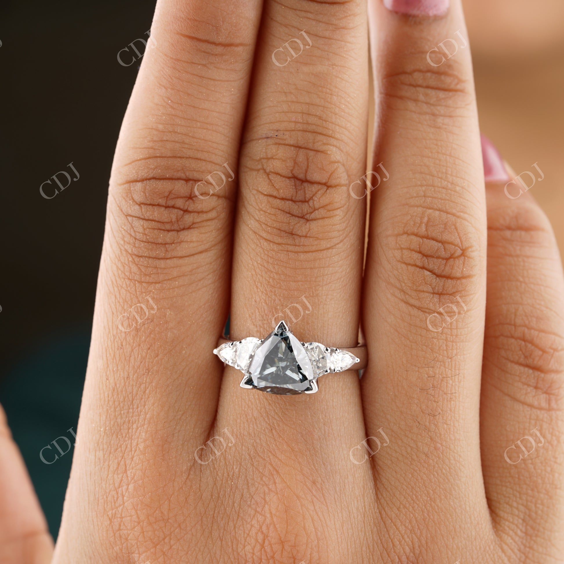 Grey Salt and Pepper Diamond Ring, Classic Trillion Cut Moissanite Engagement Ring  customdiamjewel   