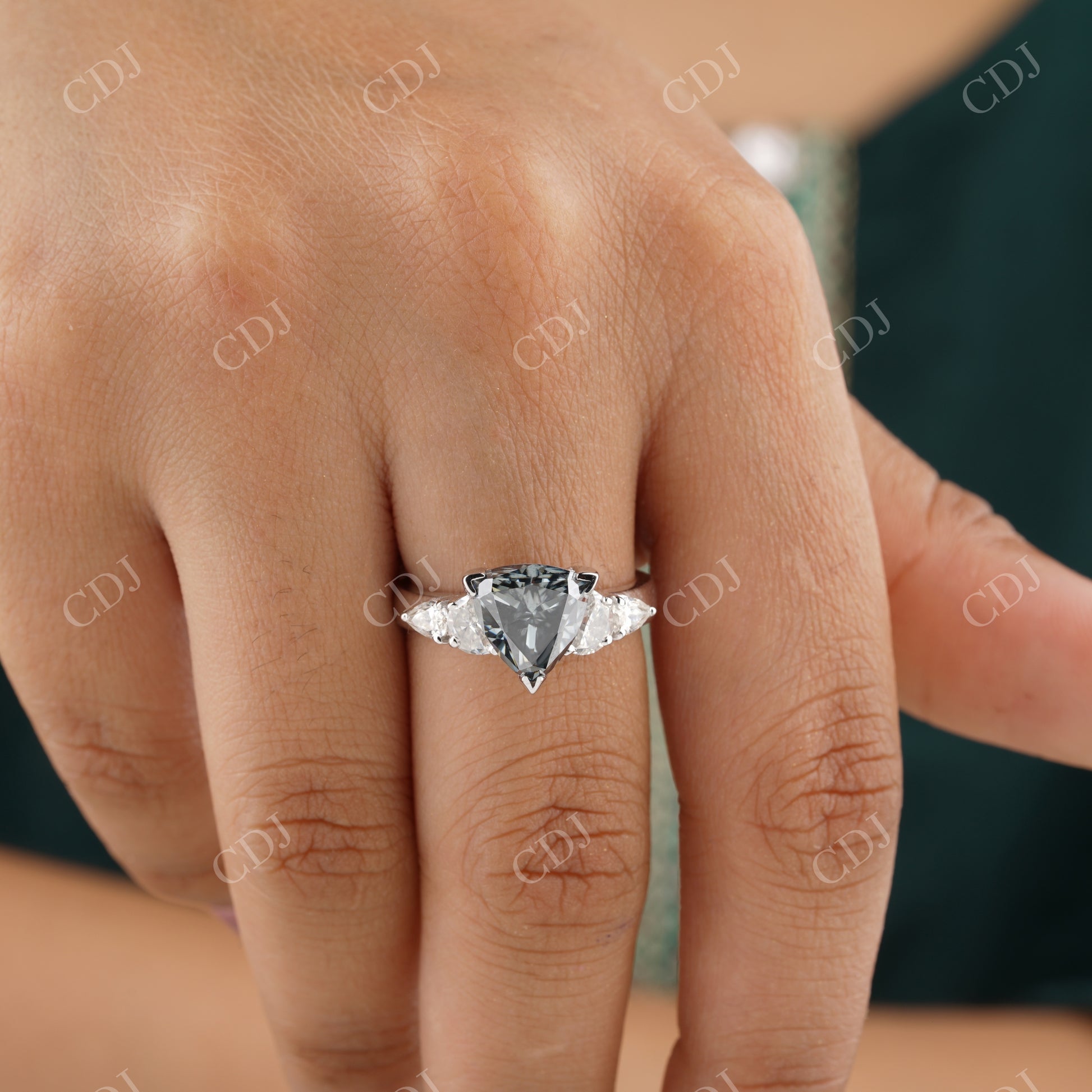 Grey Salt and Pepper Diamond Ring, Classic Trillion Cut Moissanite Engagement Ring  customdiamjewel   