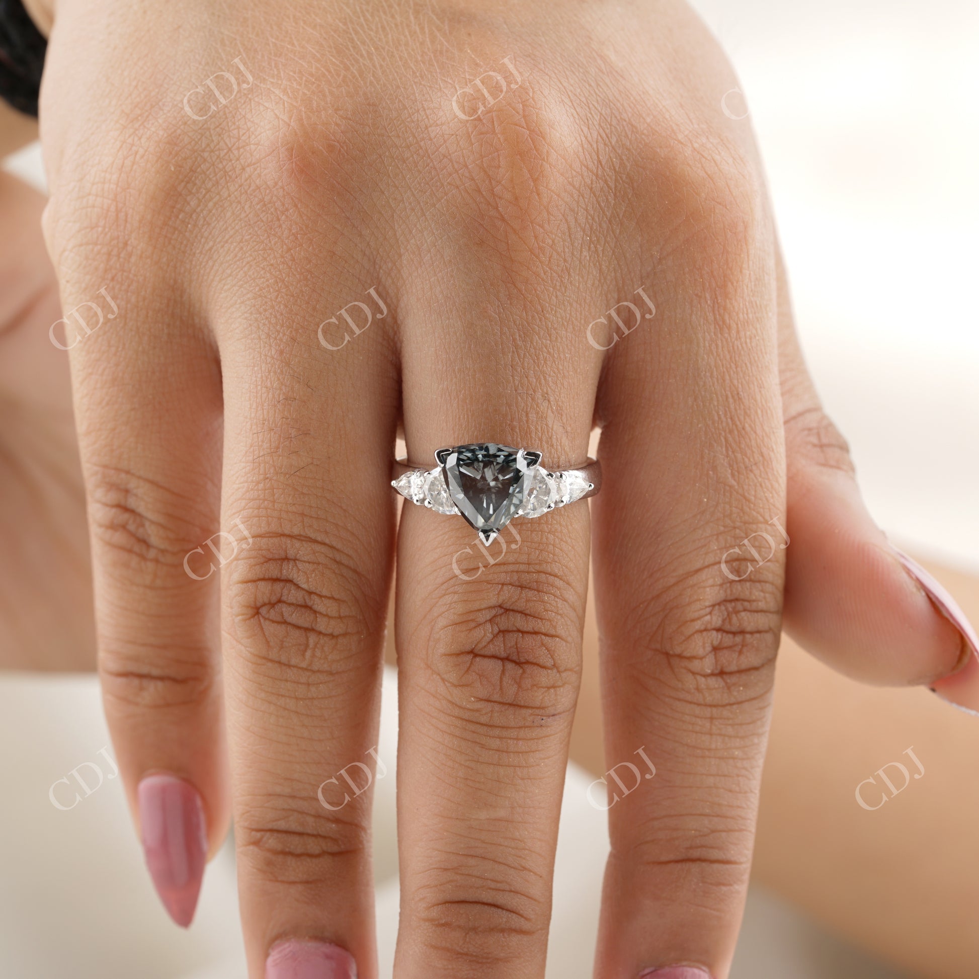 Grey Salt and Pepper Diamond Ring, Classic Trillion Cut Moissanite Engagement Ring  customdiamjewel   