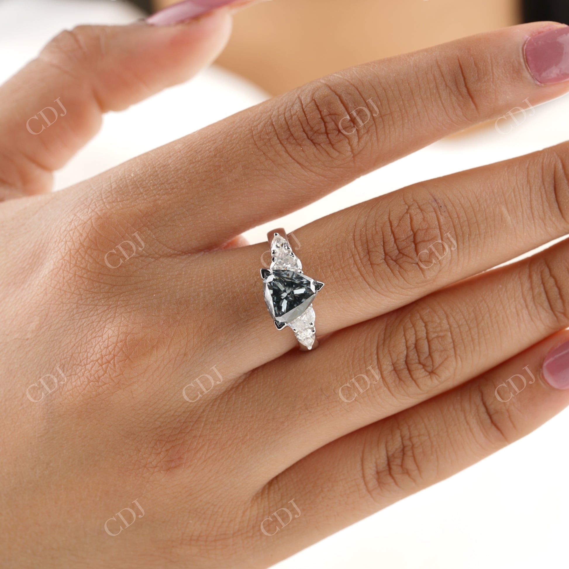 Grey Salt and Pepper Diamond Ring, Classic Trillion Cut Moissanite Engagement Ring  customdiamjewel   