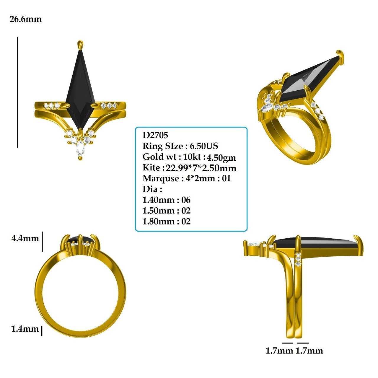 3CT Darker Kite Cut salt and pepper Moissanite Ring  customdiamjewel   