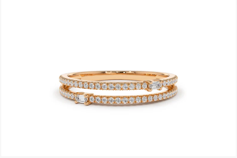 14k Gold Double Row Micro Pave Baguette Diamonds Wedding Ring  customdiamjewel 10 KT Solid Gold Rose Gold VVS-EF