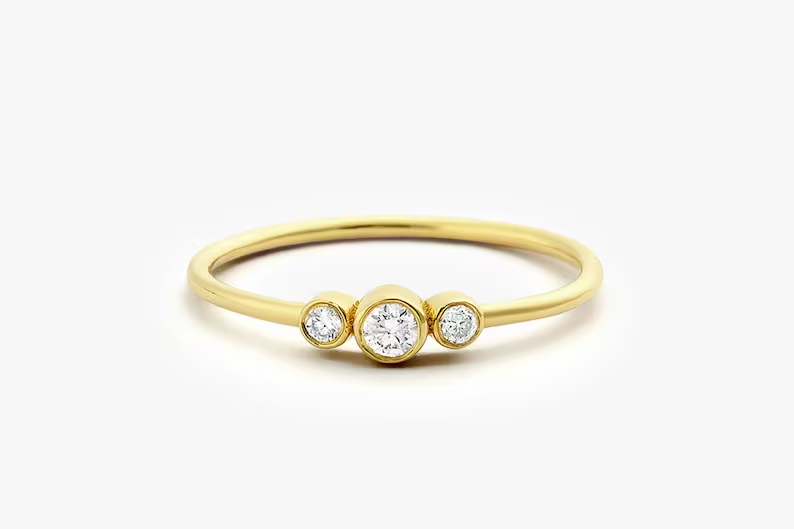 14k Gold Three Stone Round Brilliant Cut Diamond Wedding Ring  customdiamjewel 10 KT Solid Gold Yellow Gold VVS-EF