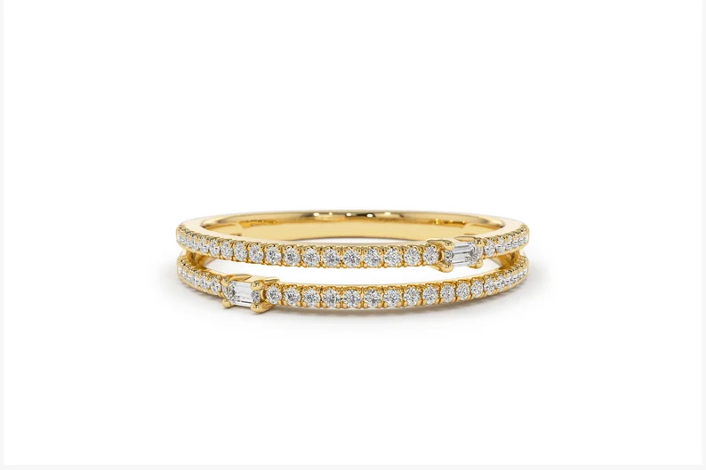 14k Gold Double Row Micro Pave Baguette Diamonds Wedding Ring  customdiamjewel 10 KT Solid Gold Yellow Gold VVS-EF