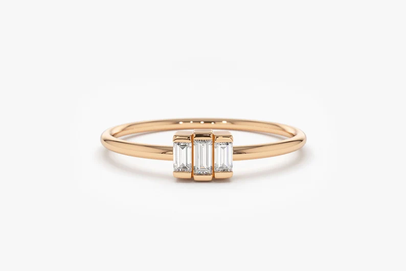 0.18CTW Trio Baguette Diamond Gold Wedding Ring  customdiamjewel 10 KT Solid Gold Rose Gold VVS-EF