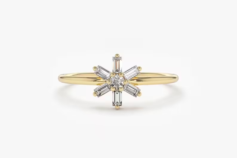 14k Gold Baguette Diamond Flower Wedding Ring  customdiamjewel 10 KT Solid Gold Yellow Gold VVS-EF