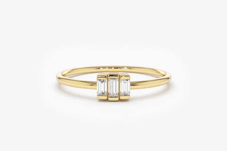 0.18CTW Trio Baguette Diamond Gold Wedding Ring  customdiamjewel 10 KT Solid Gold Yellow Gold VVS-EF