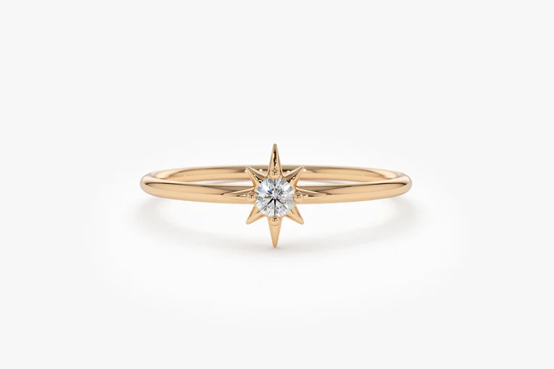 14K Gold North Star Round Real Diamond Wedding Ring  customdiamjewel 10 KT Solid Gold Rose Gold VVS-EF