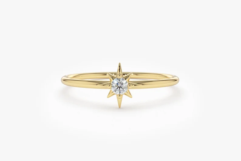 14K Gold North Star Round Real Diamond Wedding Ring  customdiamjewel 10 KT Solid Gold Yellow Gold VVS-EF