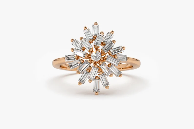 14K Gold Floral Style Baguette Diamond Cluster Wedding Ring  customdiamjewel 10 KT Solid Gold Rose Gold VVS-EF