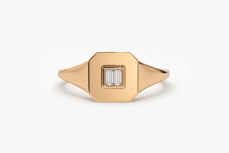 Single Baguette Diamond Pinky Wedding Ring  customdiamjewel 10 KT Solid Gold Rose Gold VVS-EF