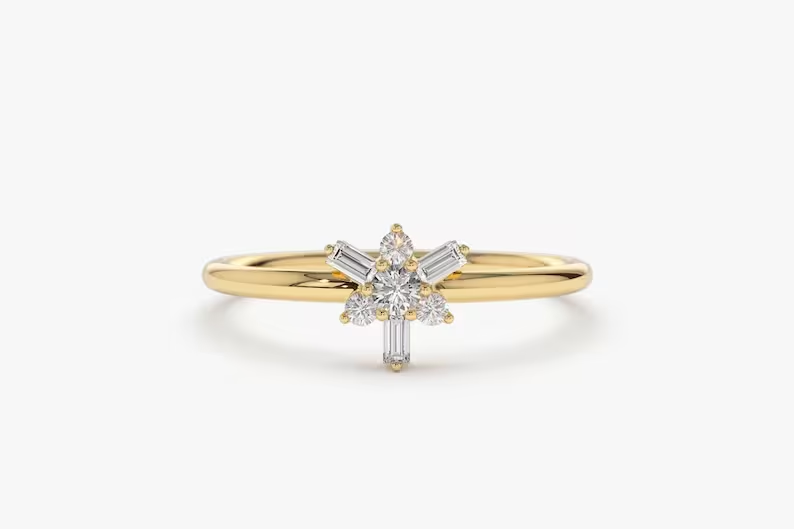 14k Gold Baguette Diamond and Round Diamond Stacking Ring  customdiamjewel 10 KT Solid Gold Yellow Gold VVS-EF