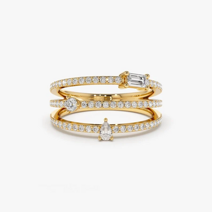 14k Gold Triple Row Mix Diamond Statement Wedding Ring  customdiamjewel 10 KT Solid Gold Yellow Gold VVS-EF