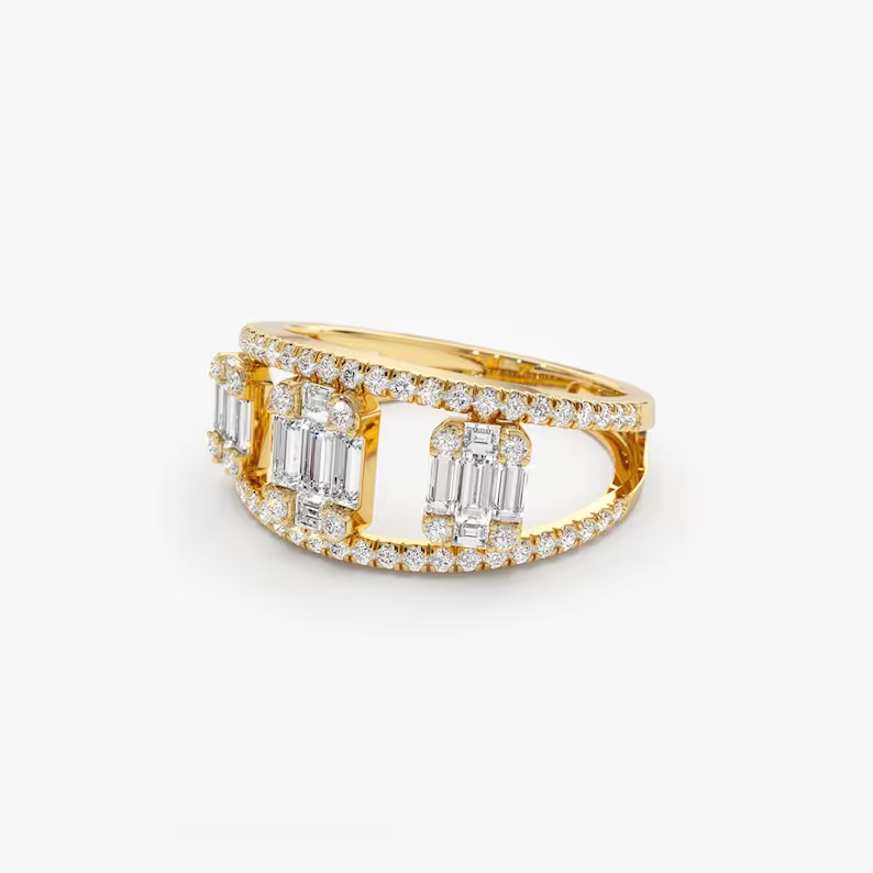 14k Gold Baguette and Round Diamond Illusion Setting Cocktail Wedding Ring  customdiamjewel   