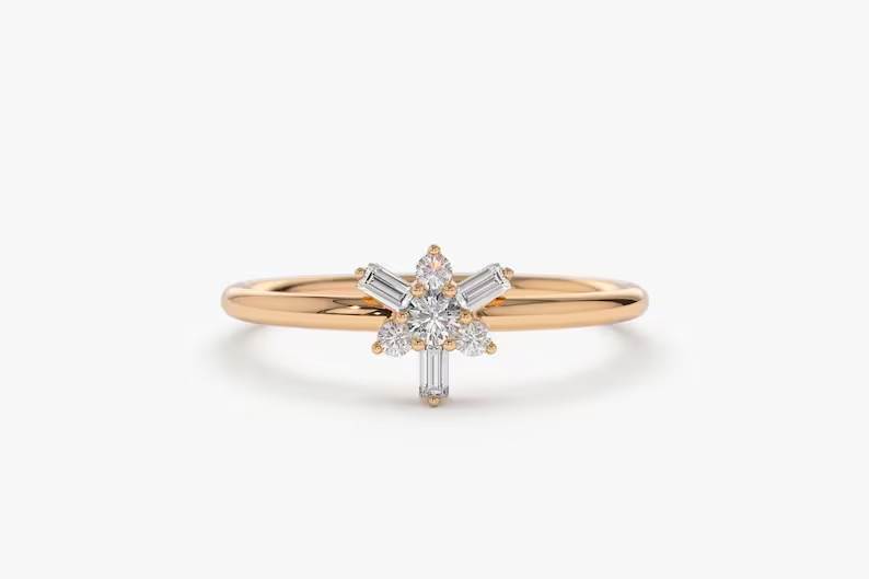 14k Gold Baguette Diamond and Round Diamond Stacking Ring  customdiamjewel 10 KT Solid Gold Rose Gold VVS-EF