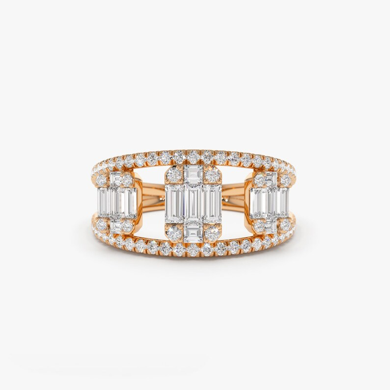 14k Gold Baguette and Round Diamond Illusion Setting Cocktail Wedding Ring  customdiamjewel 10 KT Solid Gold Rose Gold VVS-EF