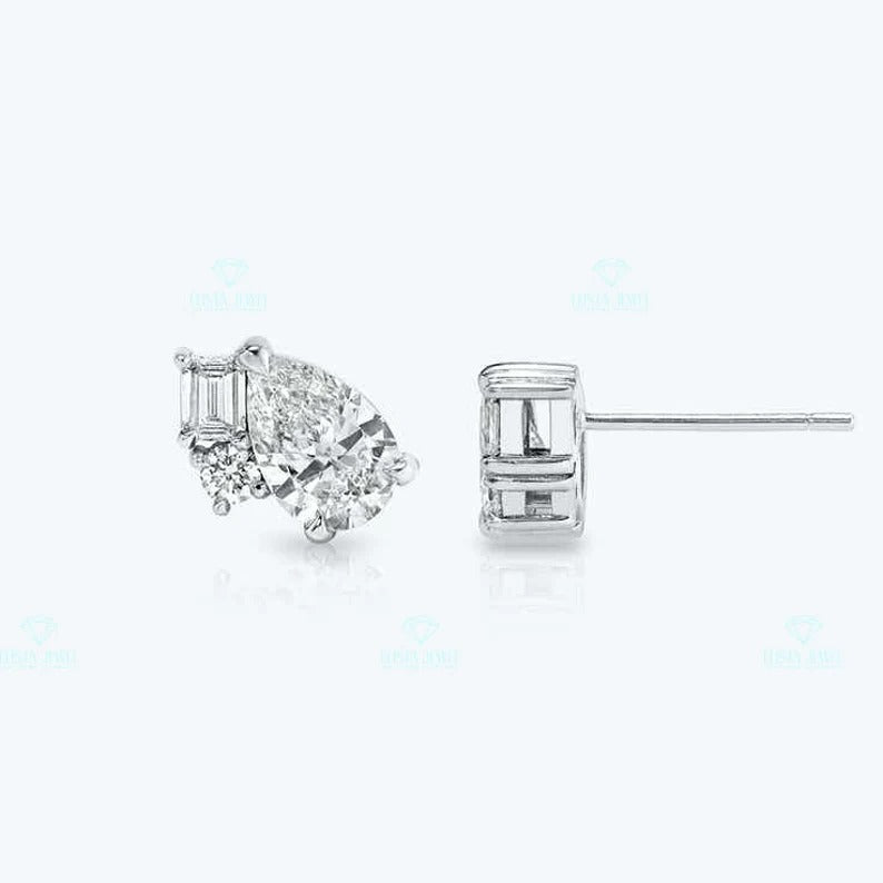 Pear, Emerald And Round Cut Cluster Moissanite Diamond Stud Earrings  customdiamjewel   