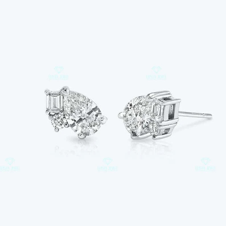 Pear, Emerald And Round Cut Cluster Moissanite Diamond Stud Earrings  customdiamjewel   