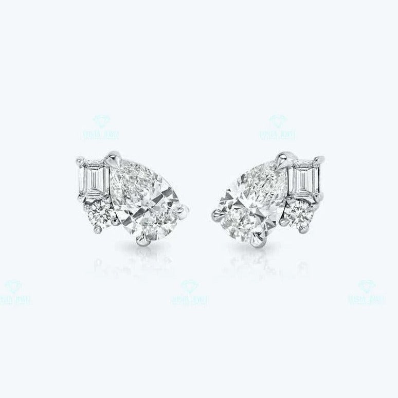 Pear, Emerald And Round Cut Cluster Moissanite Diamond Stud Earrings  customdiamjewel Sterling Silver White Gold VVS-EF