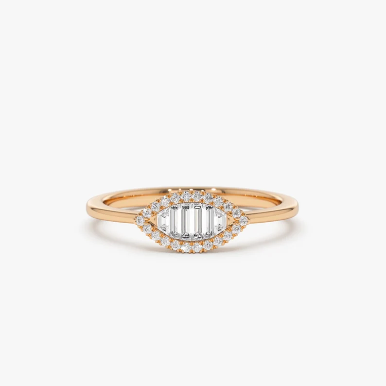 Marquise Shaped Baguette Diamond Wedding Band in Halo Setting  customdiamjewel 10KT Rose Gold VVS-EF